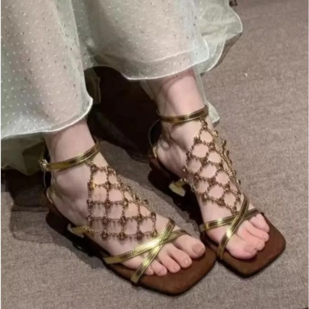Mesh Strap Metal - 템퍼러먼트 하이힐 여성 여름 스퀘어 토